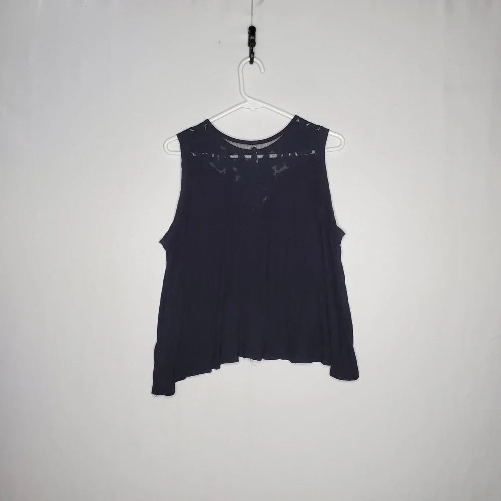 Free People Lace Yoke Swing Tank Top Women XS Black Oversized Boho Romantic 00s